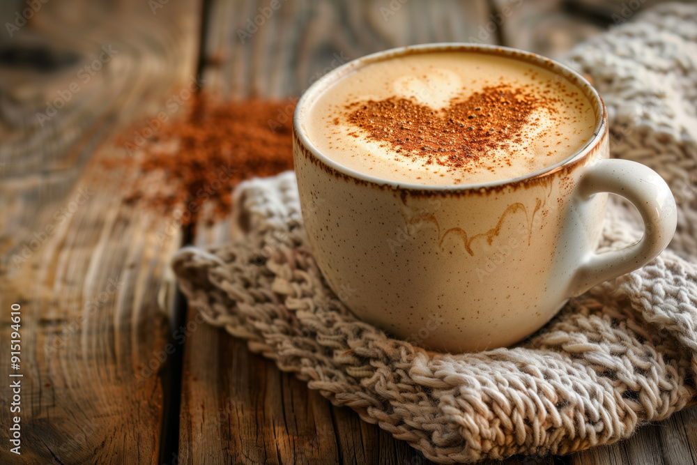 Coffee with heart foam on wooden table Coffee with heart foam on wooden table