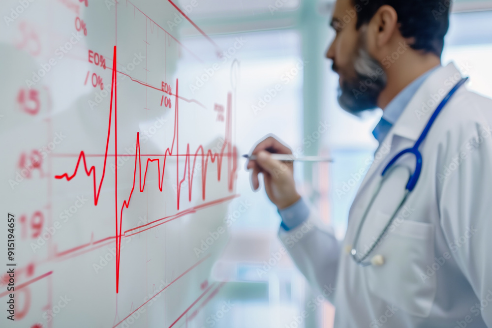 Doctor sketching ECG line on a whiteboard Doctor sketching ECG line on a whiteboard