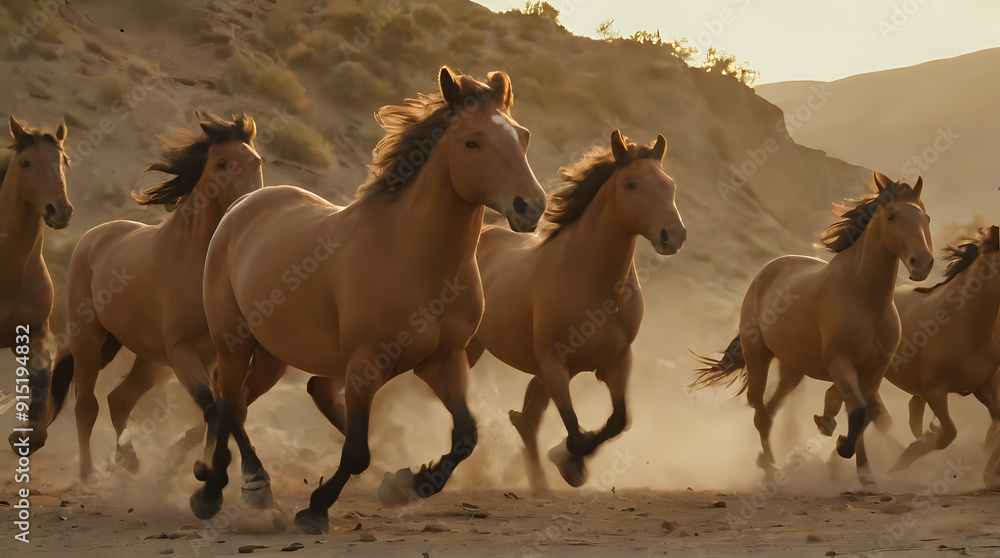 Obraz premium horses running in a line in the desert with mountains in the background