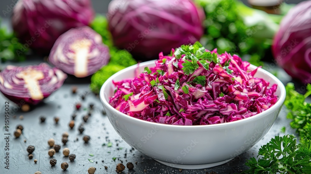 A vibrant bowl of red cabbage salad is topped with fresh herbs, surrounded by halved cabbage and scattered spices on a dark rustic table A vibrant bowl of red cabbage salad is topped with fresh herbs, surrounded by halved cabbage and scattered spices on a dark rustic table