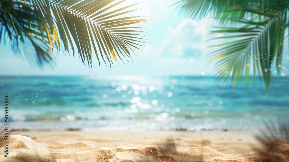 Fototapeta premium Summer relaxation background with tropical beach and blurry sea for product ads