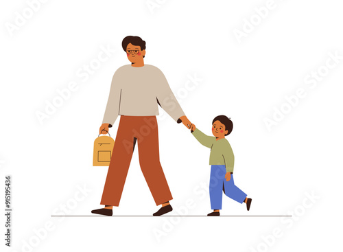 Father accompanies student to school. Man and his son hold hands and go together to classes. Back to school concept. Parental control and care about children. Vector illustration