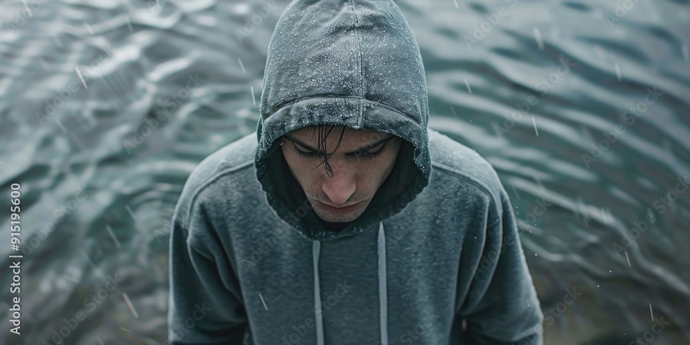 A person wearing a hoodie stands near the edge of a calm body of water, with reflections of trees or surrounding environment visible on the surface A person wearing a hoodie stands near the edge of a calm body of water, with reflections of trees or surrounding environment visible on the surface