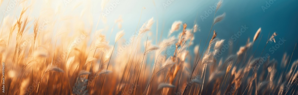 Golden grasses gently swaying under warm sunlight, creating a serene and peaceful scene against a soft blue sky. Golden grasses gently swaying under warm sunlight, creating a serene and peaceful scene against a soft blue sky.