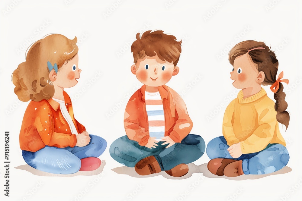 Three children happily sitting together, sharing stories and laughter in a cheerful, colorful scene of friendship and joy. Three children happily sitting together, sharing stories and laughter in a cheerful, colorful scene of friendship and joy.