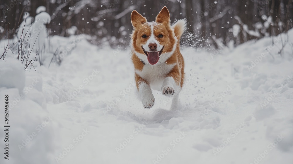 Brown and White Dog Running Through Snow Brown and White Dog Running Through Snow