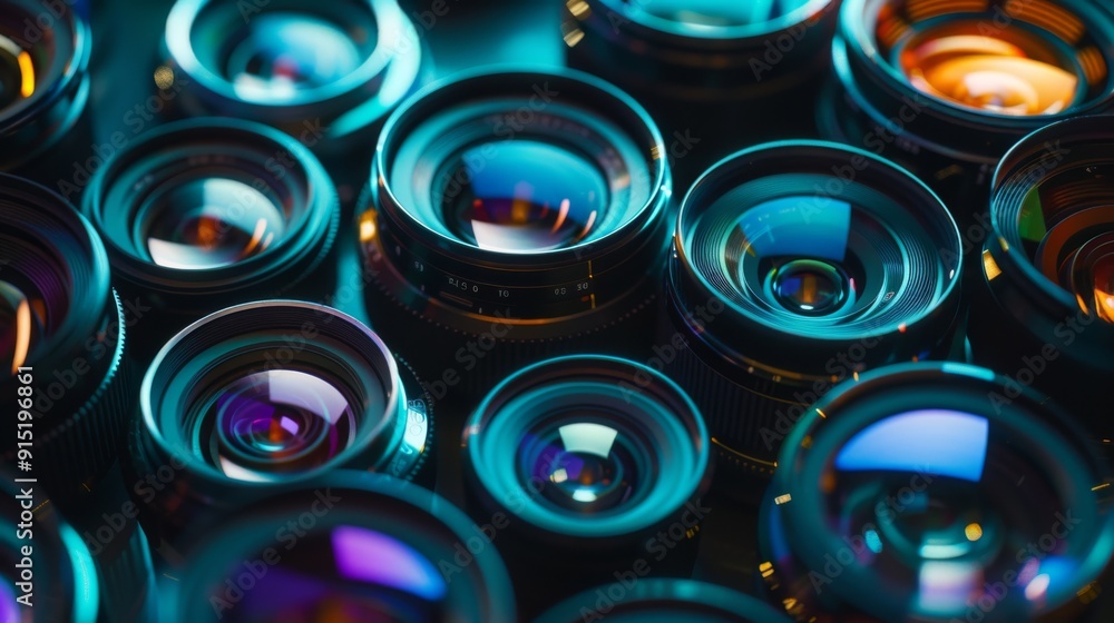Several camera lenses with varying focal lengths, reflecting light in captivating hues of blues and purples, hint at the intricate art of photography. Several camera lenses with varying focal lengths, reflecting light in captivating hues of blues and purples, hint at the intricate art of photography.