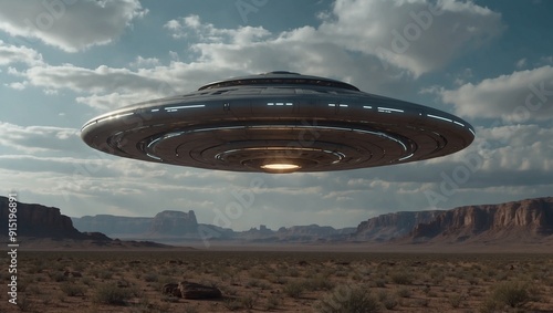 Futuristic flying saucer hovering over desert landscape