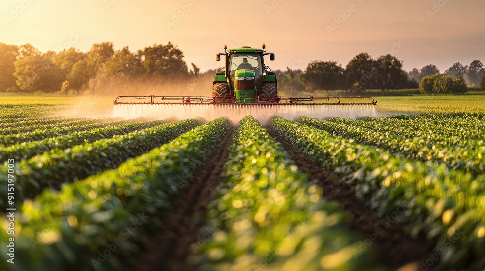 A tractor sprays pesticides across rows of lush green crops as the sun rises, creating a misty atmosphere in the early morning light A tractor sprays pesticides across rows of lush green crops as the sun rises, creating a misty atmosphere in the early morning light