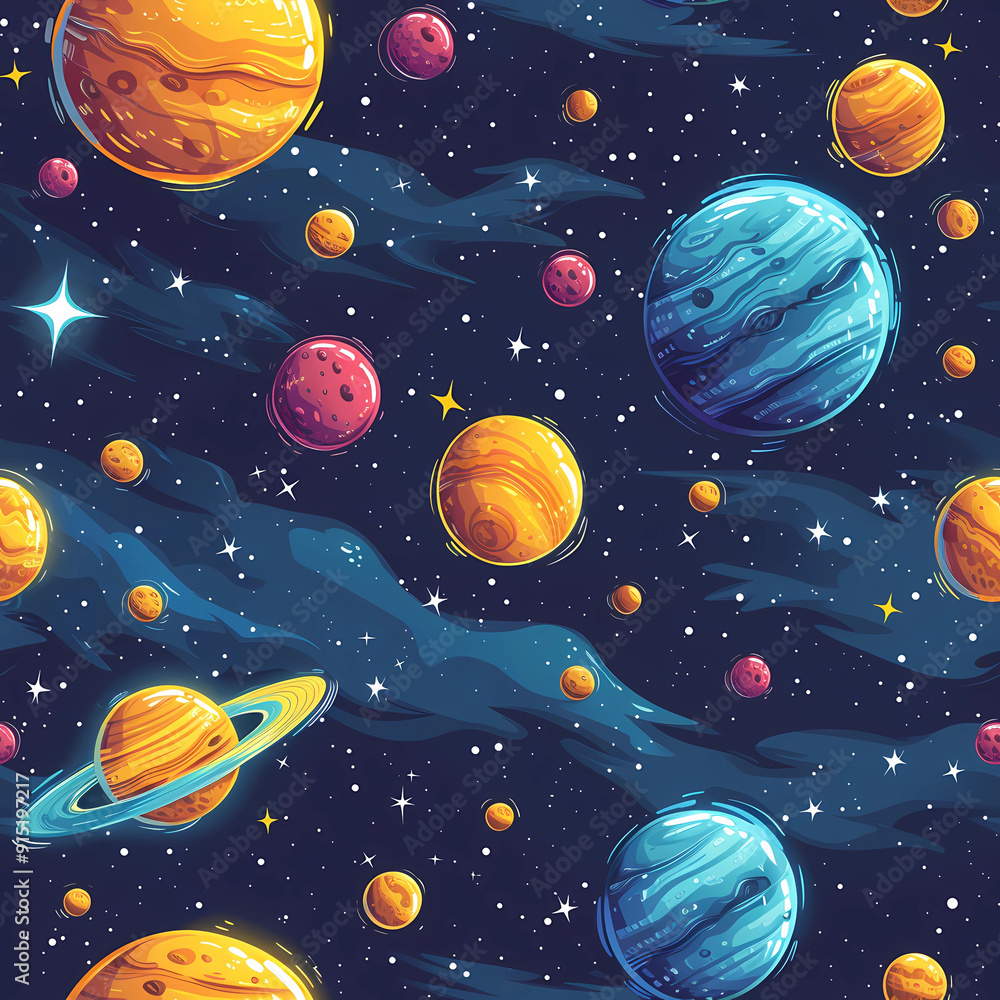 Seamless night sky stars pattern. moon, space planets Seamless night sky stars pattern. moon, space planets