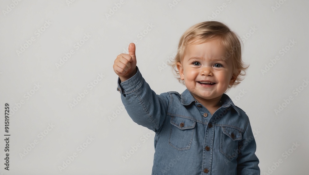 Smiling toddler in denim shirt gives thumbs-up gesture Smiling toddler in denim shirt gives thumbs-up gesture