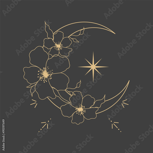 Gold thin line moon flower contour tattoo, floral spiritual mystic element, Esoteric boho magic illustration, Line, leaves and dots decoration on dark background