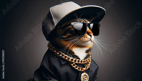 Superstar Katze mit Basecap, Sonnenbrille und goldener Halskette isoliert auf dunklem Hintergrund, copy space