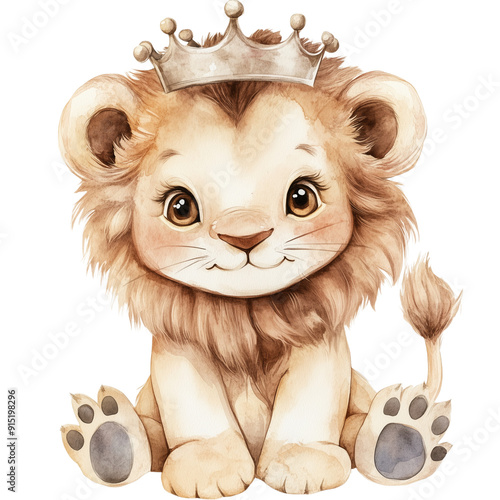 Cute Watercolor Animal Illustration of a Baby Lion with a Crown - Isolated on White Transparent Background, PNG
 photo