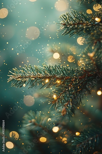 Wallpaper Mural A beautiful arrangement of Christmas tree branches sparkling with soft lights and falling snowflakes, evoking a festive atmosphere Torontodigital.ca