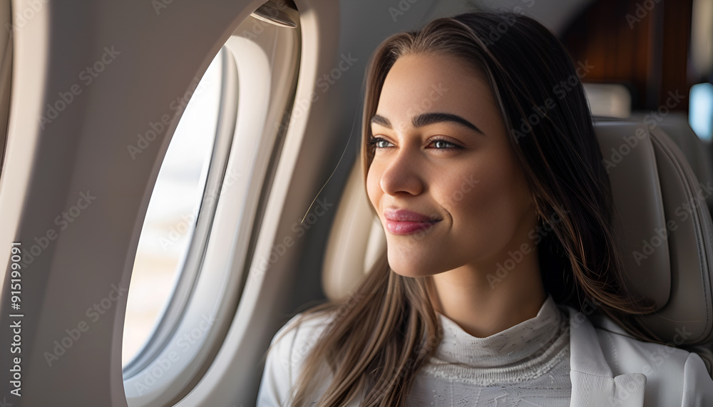 Young woman looking out window in airplane during flight Young woman looking out window in airplane during flight