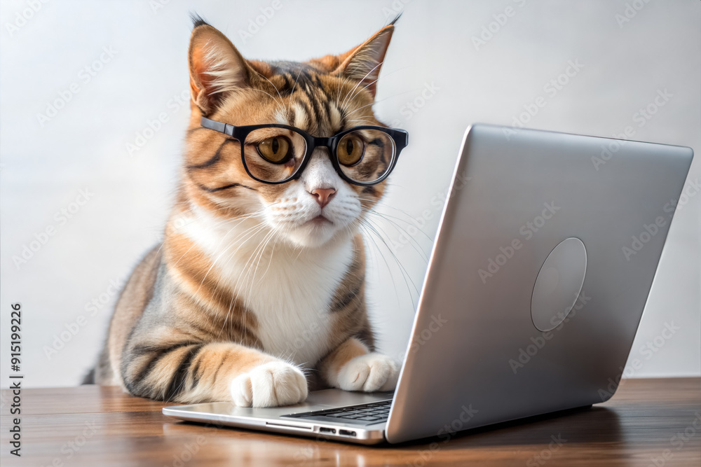 Modern cat with glasses works or typing on a laptop Modern cat with glasses works or typing on a laptop