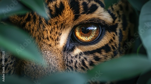 Intense shot of a leopard's eye visible through thick foliage, highlighting its stealth and precision while hunting