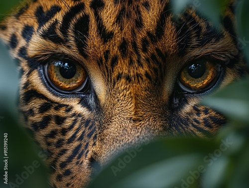 A leopard's piercing eye seen through a tangle of bushes, showcasing its keen hunting instincts and camouflage