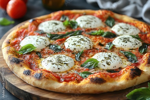 artisanal margherita pizza with vibrant san marzano tomato sauce fresh buffalo mozzarella aromatic basil leaves and a perfectly charred thin crust on a rustic wooden board photo