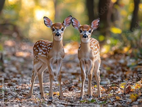 Young white-tailed deer fawn with its hind peacefully grazing on a rustic woodland trail, showcasing a tranquil wildlife scene