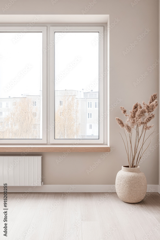 Fototapeta premium Modern interiors in a luxury property with minimalist furniture and ornaments in warm colors. Interior design composition with minimal furniture and copyspace.