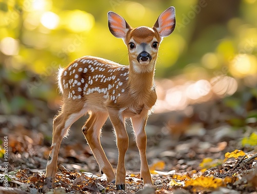 Young white-tailed deer fawn with its hind peacefully grazing on a rustic woodland trail, showcasing a tranquil wildlife scene