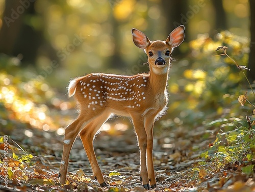 White-tailed deer fawn and its hind exploring a scenic trail in the forest, with a focus on their natural habitat