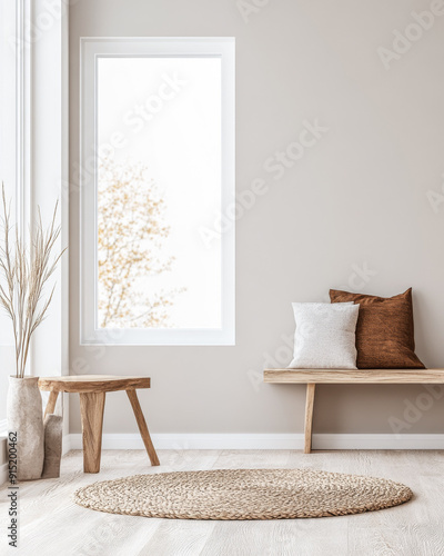 Modern interiors in a luxury property with minimalist furniture and ornaments in warm colors. Interior design composition with minimal furniture and copyspace.