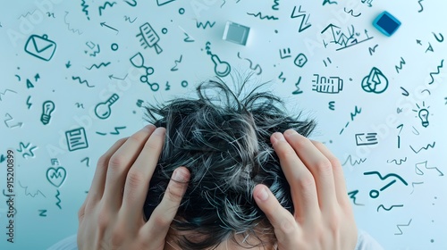 Overwhelmed: A man grapples with information overload, his head in his hands as a chaotic storm of icons and symbols swirls around him