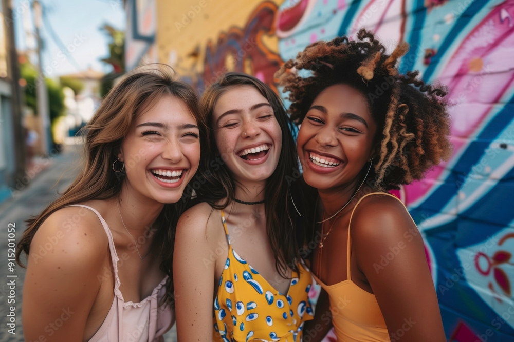 Three young women are smiling and laughing together Three young women are smiling and laughing together