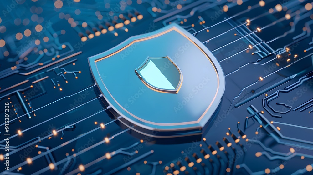 Cybersecurity Shield: A gleaming silver shield with a blue inner layer ...