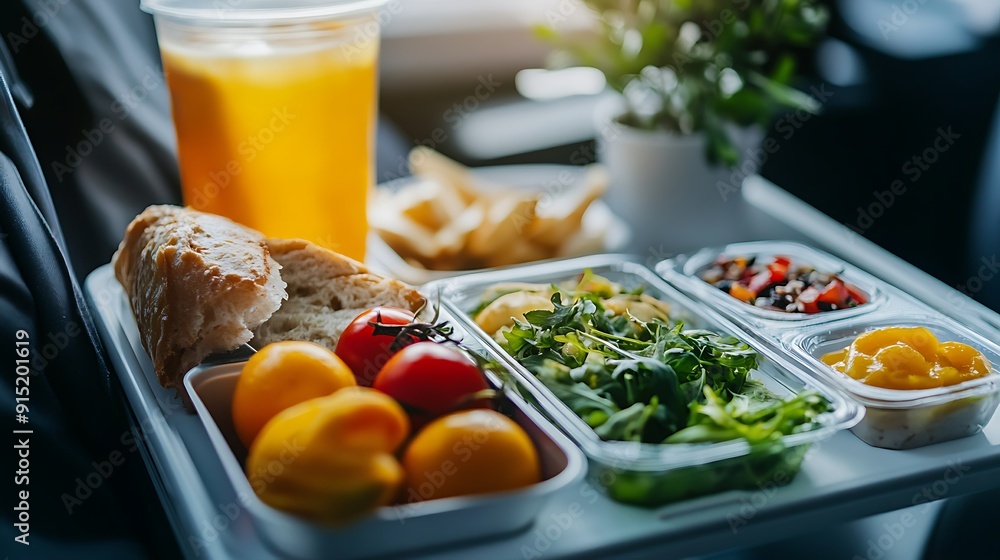 Healthy airplane meal with fresh ingredients served on a tray table, emphasizing nutritious in-flight dining options Healthy airplane meal with fresh ingredients served on a tray table, emphasizing nutritious in-flight dining options