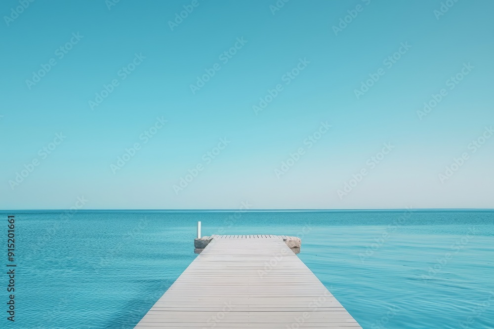Obraz premium Minimalistic summer banner with pontoon bridge sea and horizon line. Blue summer background for recreation and tourism with copy space. Romantic quiet scene
