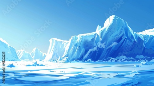 Antarctic landscape with vast ice expanse, varied textures and depths. Ice mountain centerpiece, ocean contrast. Clear blue sky adds to cold, pure atmosphere.