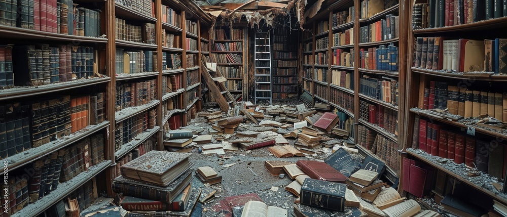 Room with high bookshelves filled with old books in disarray. Vandalism evident with damaged books and broken window. Neglect and eerie atmosphere with cluttered and abandoned feel. Room with high bookshelves filled with old books in disarray. Vandalism evident with damaged books and broken window. Neglect and eerie atmosphere with cluttered and abandoned feel.