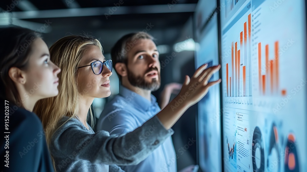 custom made wallpaper toronto digitalBusiness professionals analyzing market performance data on a digital dashboard, focusing on benchmarking and competitive analytics for strategic decision-making