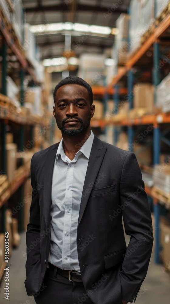 An African American man in a warehouse, dressed formally, facing the camera. Shelves with goods surround him in a calm, organized setting. An African American man in a warehouse, dressed formally, facing the camera. Shelves with goods surround him in a calm, organized setting.