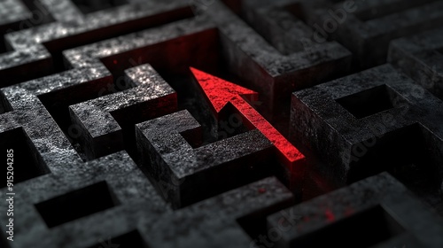 A red arrow navigating through a complex black maze, symbolizing overcoming obstacles and finding solutions.