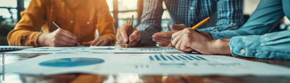 Collaborative Teamwork in a Modern Office Setting with Business Documents and Charts on a Wooden Table Collaborative Teamwork in a Modern Office Setting with Business Documents and Charts on a Wooden Table