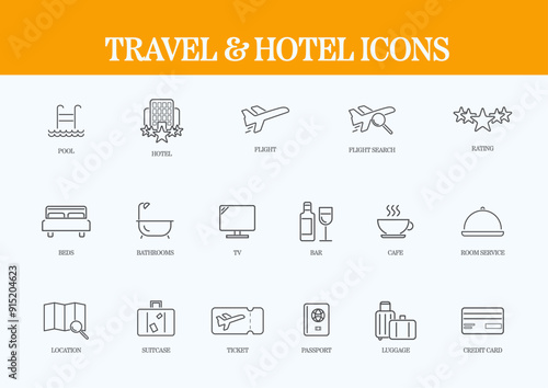 set of travel and tourism line icons. Airplane, trip, beach, passport, summer vacations, luggage, camping, hotel  icon collection. Outline icon collection