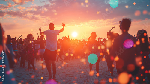 A vibrant crowd dancing at a beach party during sunset 