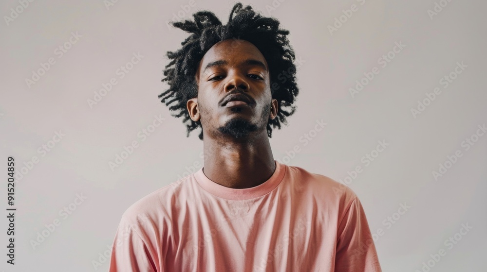 Obraz premium A man with dreadlocks is wearing a pink shirt and looking away from the camera
