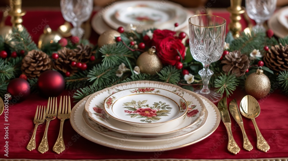 Elegant Christmas Table Setting, Red and Gold Theme, Festive Holiday Decor, Suitable for Christmas and Holiday Celebrations, Perfect for Event Planning and Home Decor Content Elegant Christmas Table Setting, Red and Gold Theme, Festive Holiday Decor, Suitable for Christmas and Holiday Celebrations, Perfect for Event Planning and Home Decor Content