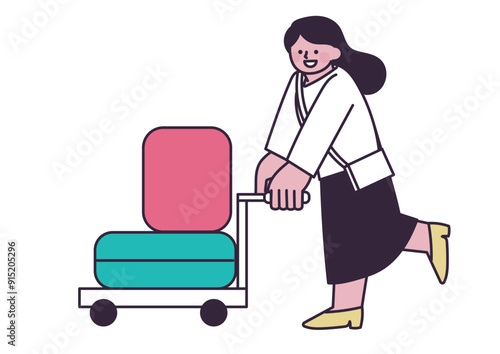 荷物をたくさん持って旅に出る女性のイラスト