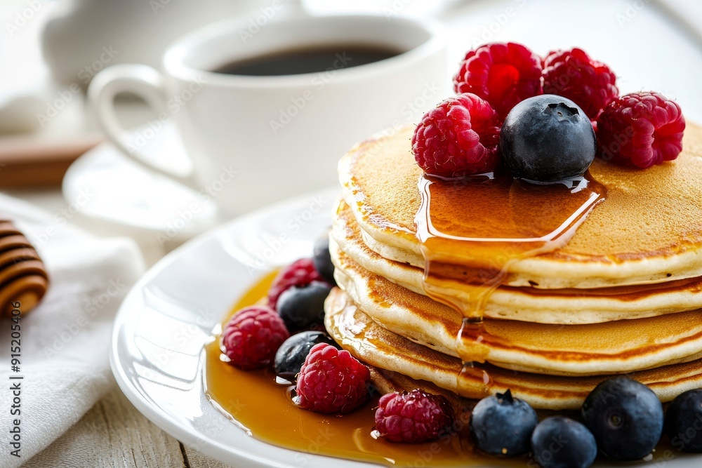 Golden honey drizzled over a stack of pancake Golden honey drizzled over a stack of pancake