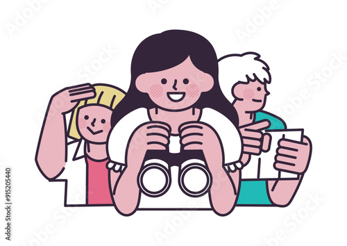 旅行をして色々な発見をする若者たちのイラスト