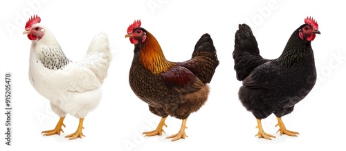 Three Chickens in a Row, White, Brown, and Black