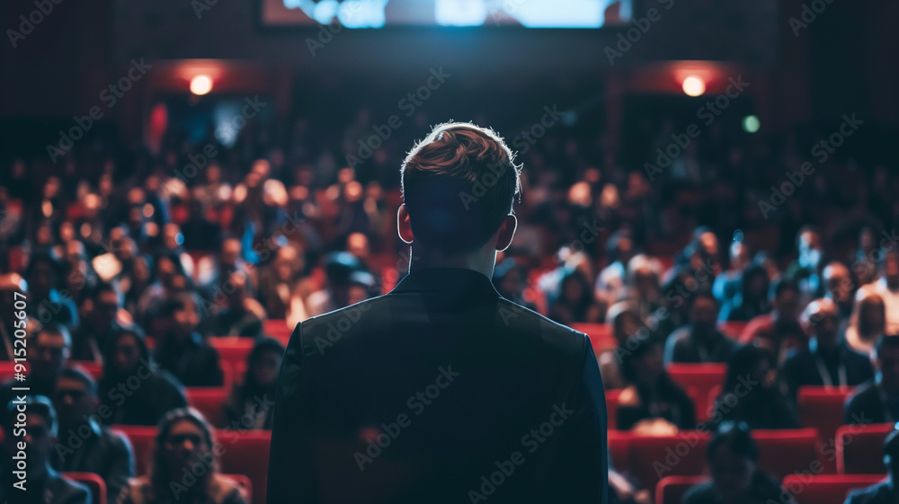 Rear view of an attentive audience at an industry conference with a lecturer explaining concepts on stage Rear view of an attentive audience at an industry conference with a lecturer explaining concepts on stage