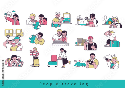 旅行する人々のシンプルな線で書かれたイラストセット